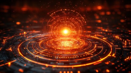 Abstract glowing orange orb in a futuristic digital interface.