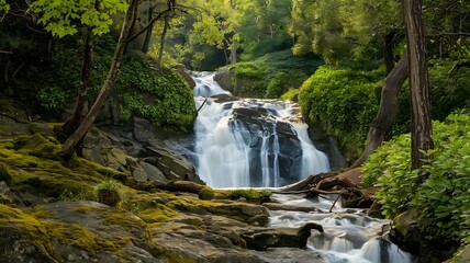 Cascading Waterfall Amidst Lush Greenery in a Forested Landscape