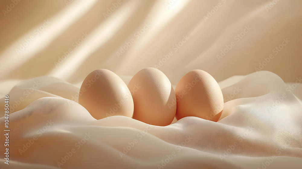 Aufkleber display of brown eggs on soft beige background with subtle texture
