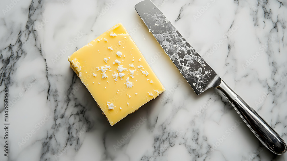 Poster fresh butter block being sliced with a knife on a marble surface