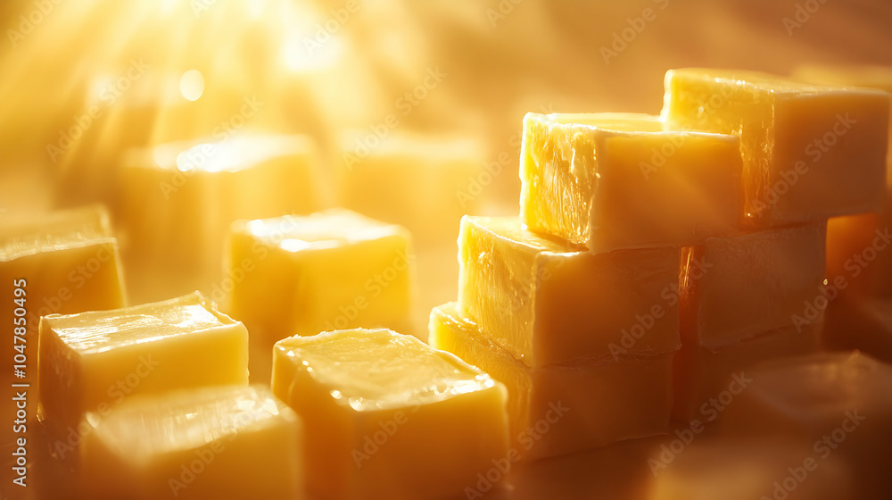 Poster artistically stacked butter blocks illuminated by golden light in a culinary setting