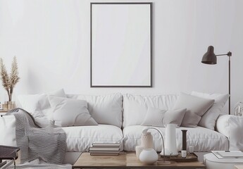「快適な白いソファ、コーヒーテーブル、スタイリッシュなランプを備えたミニマルなリビングルームインテリア。壁の白いフレームは、アート作品やデザインを展示するのに最適なスペースを提供します」