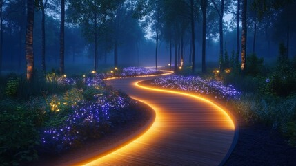 A modern-designed forest pathway relaxing oasis with rainforest