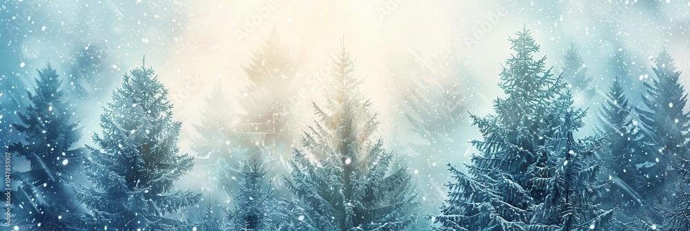 Poster tall pine trees stand majestically in a snow-covered forest, illuminated by soft sunlight filtering 
