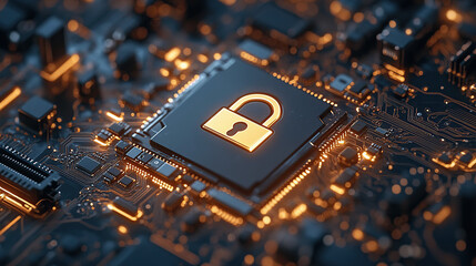 3D rendering of an icon on a chip with a padlock symbol floating over a computer circuit board background
