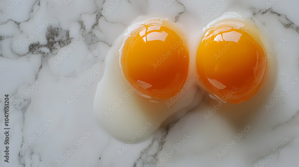 Poster close-up of two cracked eggs with visible yolks on a neutral background