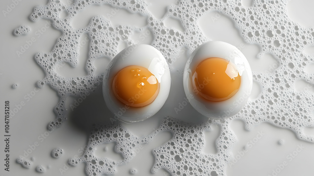 Poster close-up of two cracked eggs with visible yolks on a neutral background