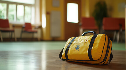 A yellow first aid kit rests on the floor in a bright, spacious room.