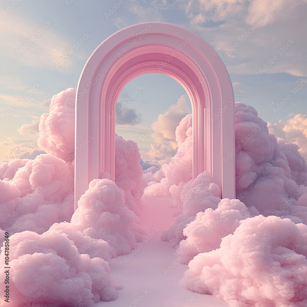 Poster 3D rendering of pink arches with clouds