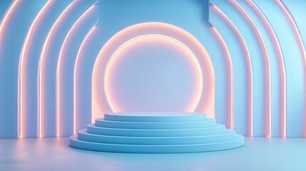 Obraz premium Circular Platform with Neon Lights and Arched Wall