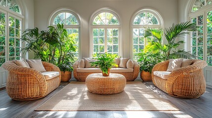 Bright and inviting sunroom with rattan furniture and lush greenery.