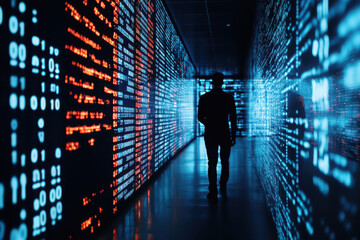A silhouette walks through a corridor illuminated by digital data streams.