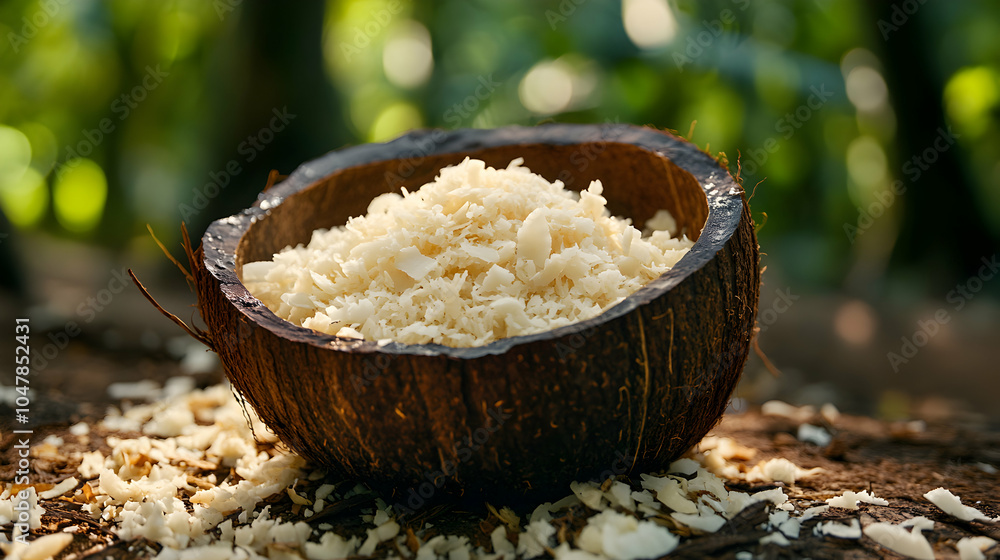 Poster freshly grated coconut spilling out from a split coconut shell on a rustic surface