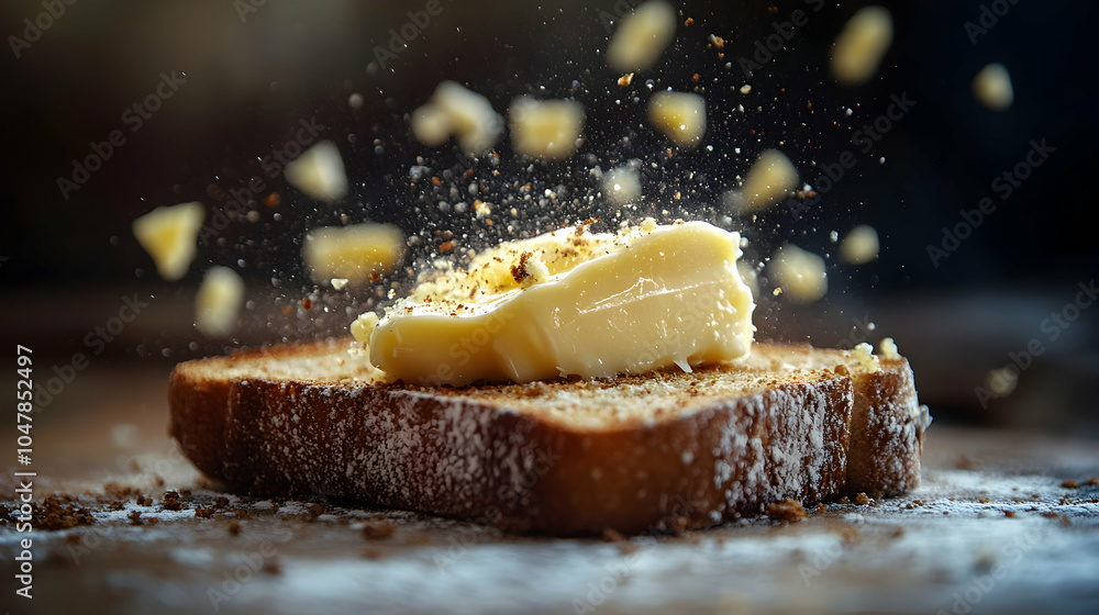 Poster freshly spread butter melting on warm toast with crumbs on a rustic table
