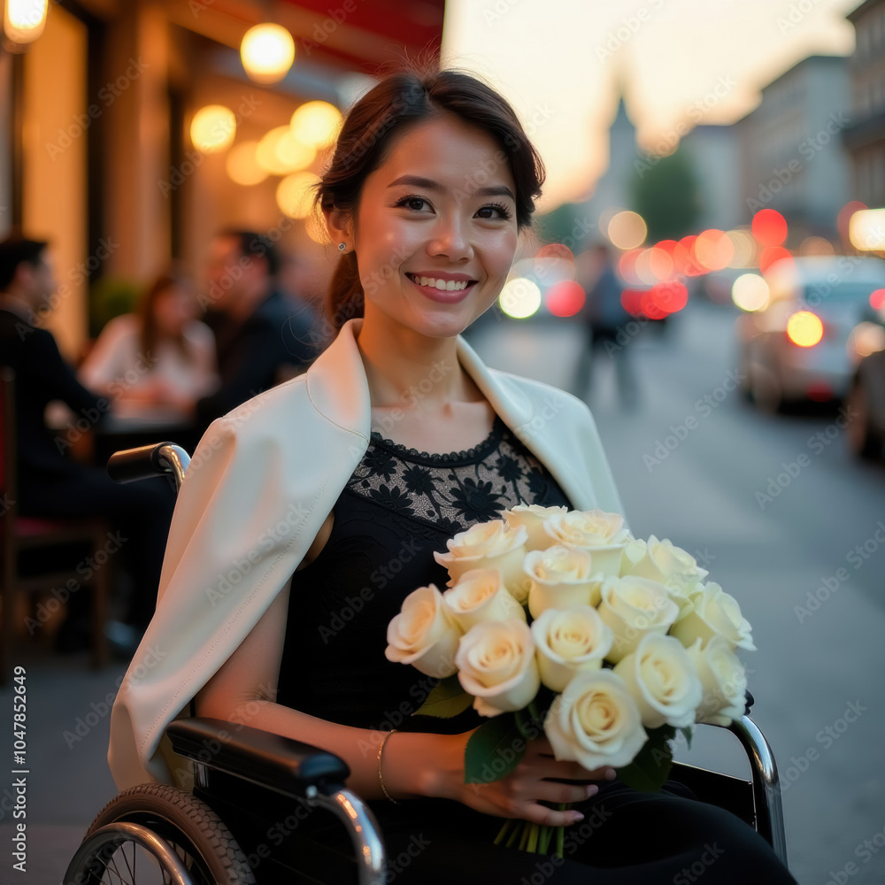 Wall mural a woman in a black evening dress in a wheelchair holds a bouquet of white roses.