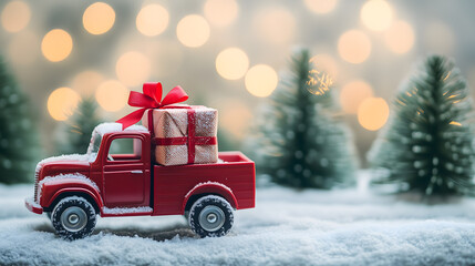 Mini Red Truck with Christmas Tree in Snow
