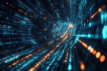 Obraz premium Abstract representation of a data tunnel with glowing particles in blue and orange hues.