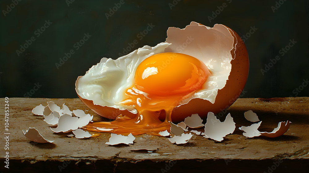 Poster half-cracked egg with yolk oozing out surrounded by empty shells on a neutral background