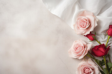 Obraz premium Elegant Arrangement of Red and Pink Roses on White Fabric - Space for Text