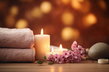 Peaceful Spa Setting with Candles and Fresh Pink Blossoms - Space for Text