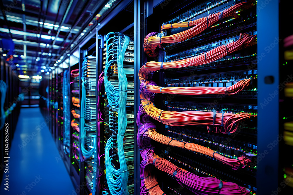 Poster a shot of the network backbone in a server farm, with neatly organized cables and switches, illustra