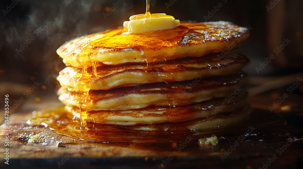 Poster melting butter dripping on a freshly cooked stack of fluffy pancakes with syrup on a breakfast table