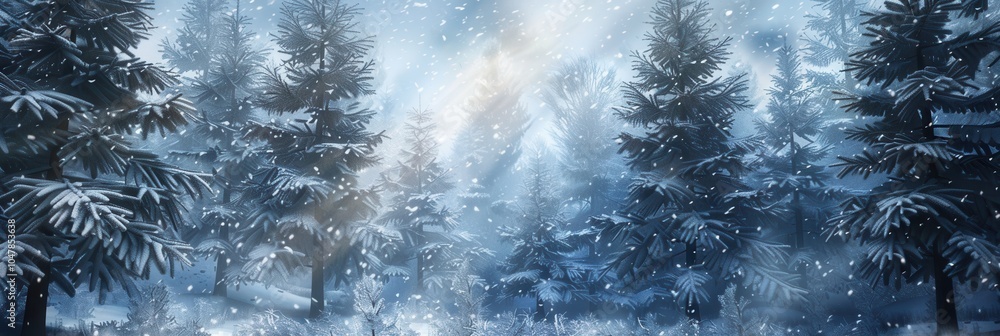 Aufkleber Tall pine trees blanketed in snow create a peaceful winter forest, with gentle snowflakes falling quietly in the afternoon light. Generative AI