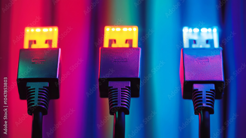 Poster three colored usb cables plugged into sockets glow under neon lights. concept of technology and conn