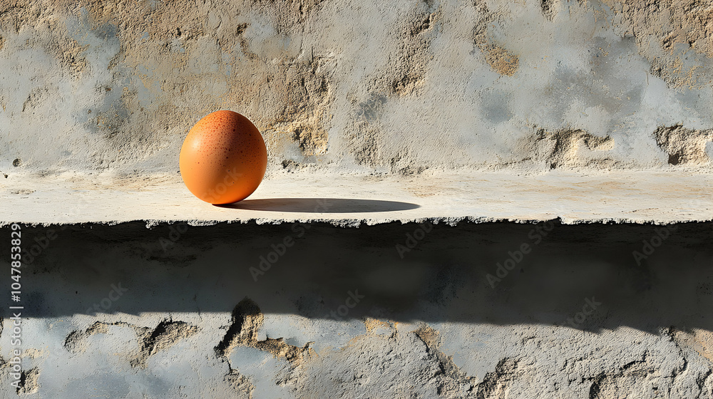 Poster single egg balanced on edge of flat surface, capturing precision and fragility in minimalist composi