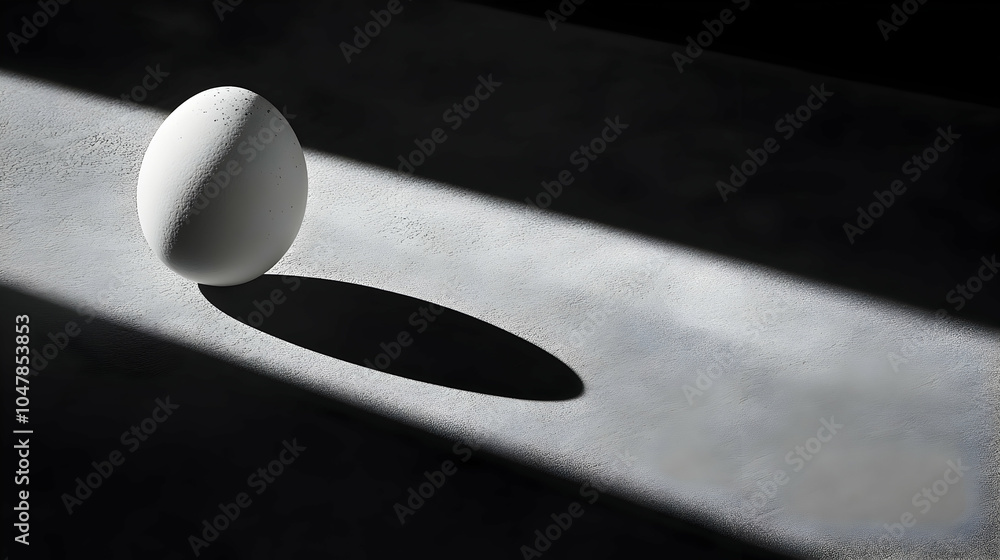 Poster one egg balanced carefully on the edge of a flat surface, symbolizing precision and fragility in a m