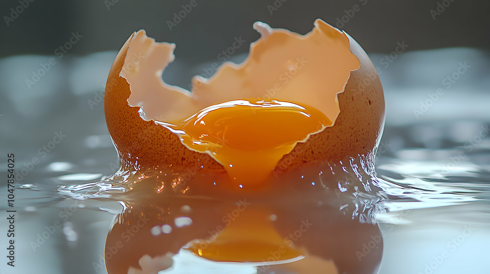 Poster single cracked egg on smooth reflective surface, capturing the fragile texture and natural color var