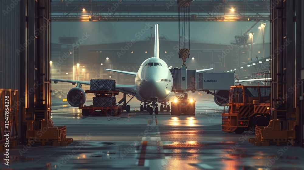 Poster the cargo airplane is stationed on the runway as workers utilize loading equipment in preparation fo