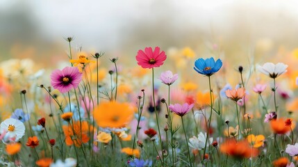 Naklejka premium A vibrant field of colorful wildflowers in bloom, showcasing a blend of pink, blue, and orange petals against a soft, blurred background.