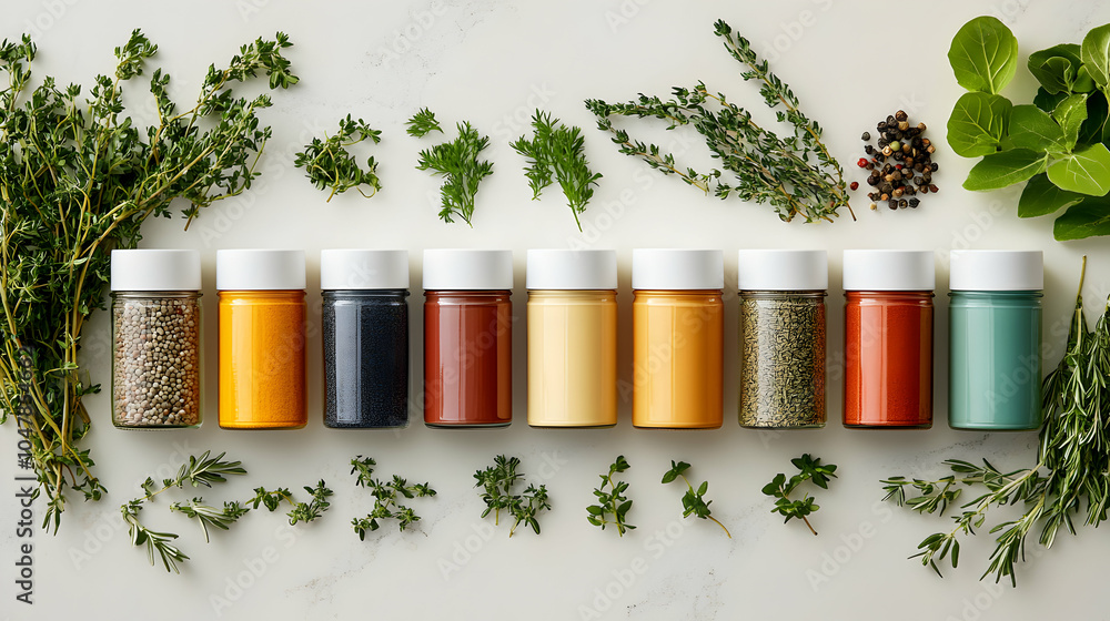 Aufkleber top view of a colorful kitchen counter displaying various spices in jars, capturing the essence of c