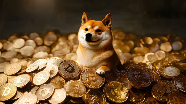 doge cryptocurrency meme dog sitting on pile of coins humorous financial concept