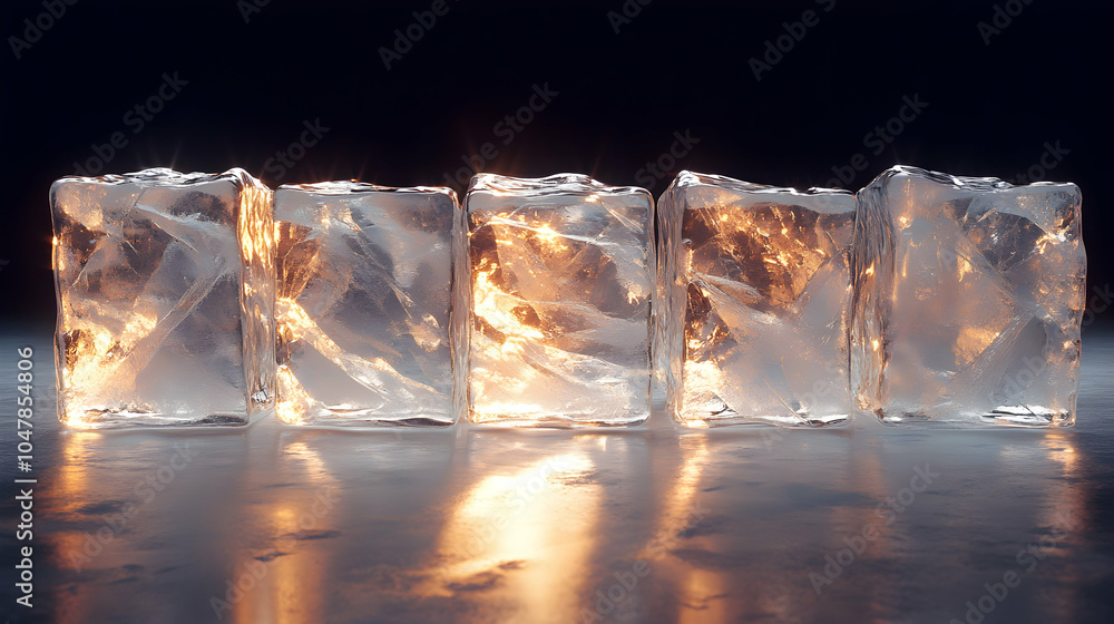 Poster neatly arranged transparent ice cubes in a row with soft light reflection