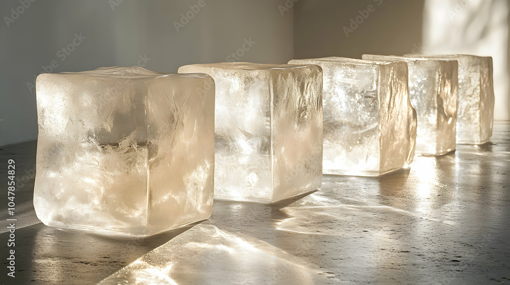 Poster neatly arranged transparent ice cubes in a row with soft light reflection