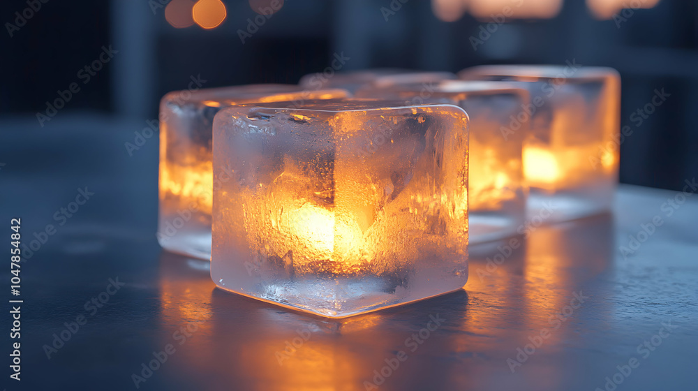 Poster neatly arranged transparent ice cubes with soft light reflection