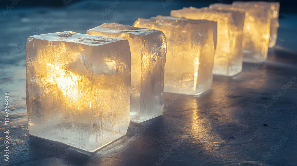 Poster neatly arranged transparent ice cubes glimmering under soft light
