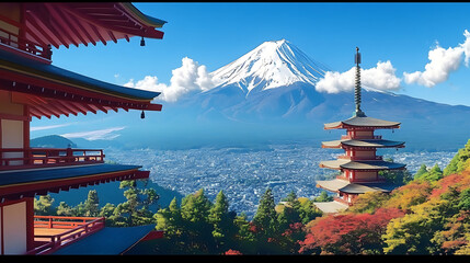 Mount Fuji seen from behind the Chureito Pagoda. created with Generative AI technology