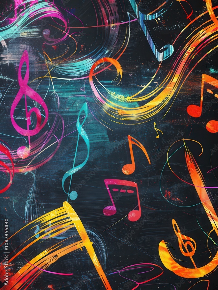 Poster a chalkboard displays vibrant brushstrokes interlaced with various musical notes and symbols in an a