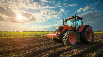 Fototapeta premium A tractor working in a field under a dramatic sky during sunset.