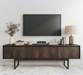 「モダンなリビングルームインテリア。壁にテレビ画面のモックアップ、スタイリッシュな木製テレビ台の3Dレンダリング」