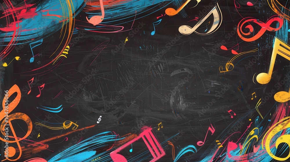 Poster Bright brushstrokes blend with musical notes on a chalkboard, creating an engaging and artistic environment for learning and creativity. Generative AI