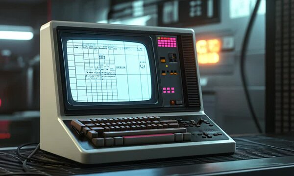 A vintage computer displaying a spreadsheet interface on a retro-style desk.