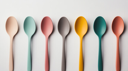 A vibrant arrangement of colorful spoons aligned on a white background, showcasing modern kitchenware for culinary enthusiasts.
