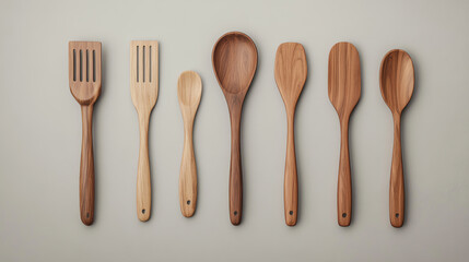 Assorted wooden kitchen utensils arranged neatly against a subtle background, showcasing various shapes and sizes for culinary use.