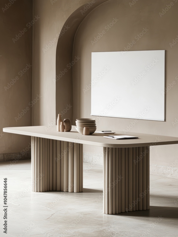 Poster A modern, minimalist dining room with a large table, an arched doorway, and a blank canvas on the wall.