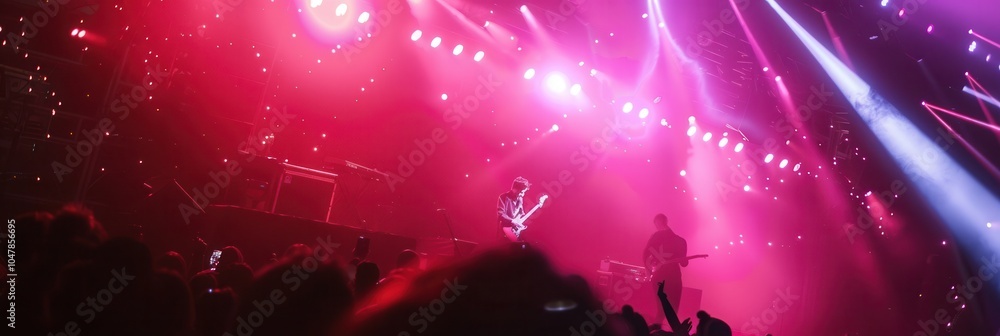 Fototapete The crowd cheers as musicians perform on stage, surrounded by dynamic lights that create an electrifying atmosphere at the concert. Generative AI