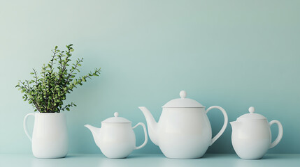 Elegant white tea set arranged on a pastel mint background, including a teapot, sugar bowl, creamer, and a vase with fresh herbs.